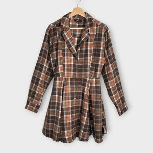 Lulus Brown Plaid Skater Mini Dress With Pockets MEDIUM Cabincore NEW